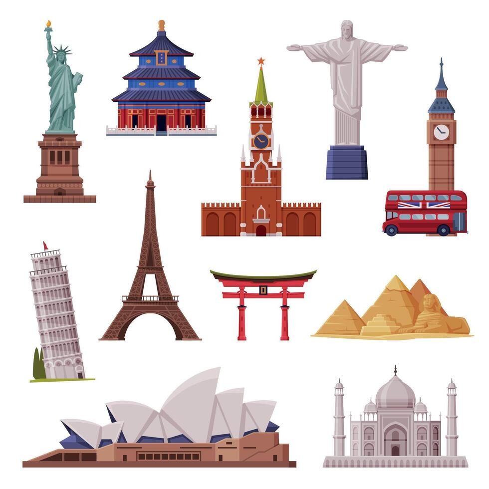 Travel Time with City Landmark Like Eiffel Tower and Statue of Liberty Set vector