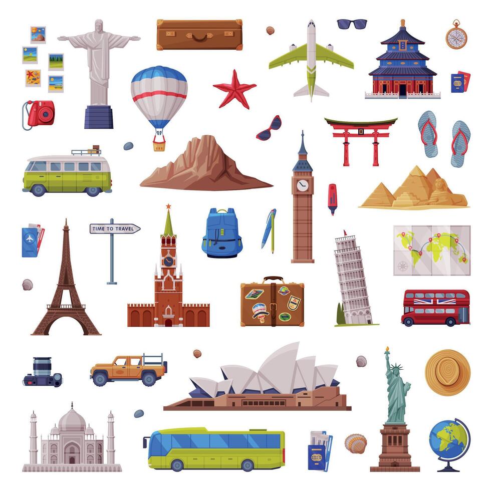 Travel Time with City Landmark and Tourism Attribute Like Map, Camera and Backpack Set vector