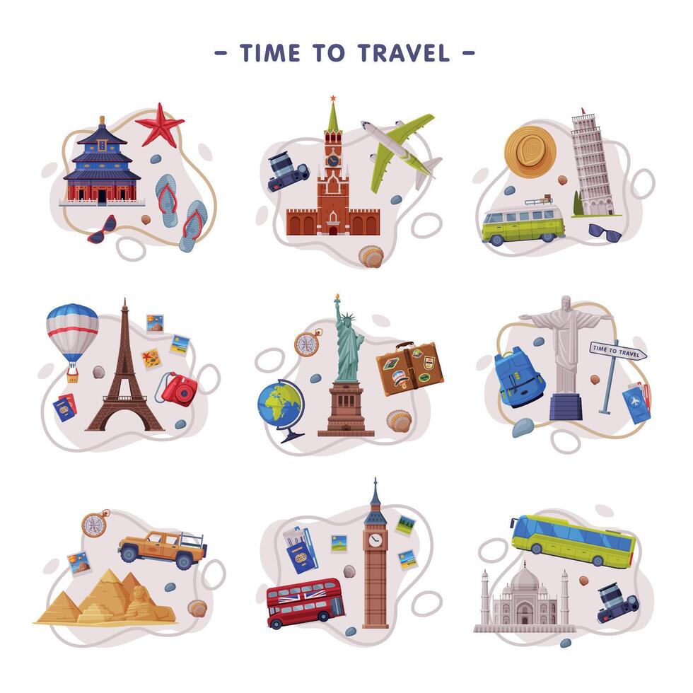 Travel and Tourism Attribute with City Landmark and Scattered Journey Symbols Composition Set vector