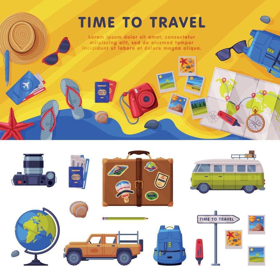 Travel Time Background with Tourism Attribute Like Globe, Camera and Backpack Set vector