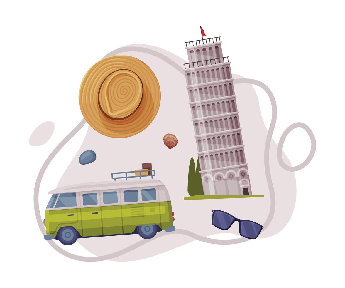 Travel and Tourism Attribute with Pisa Leaning Tower as City Landmark and Hat Composition vector