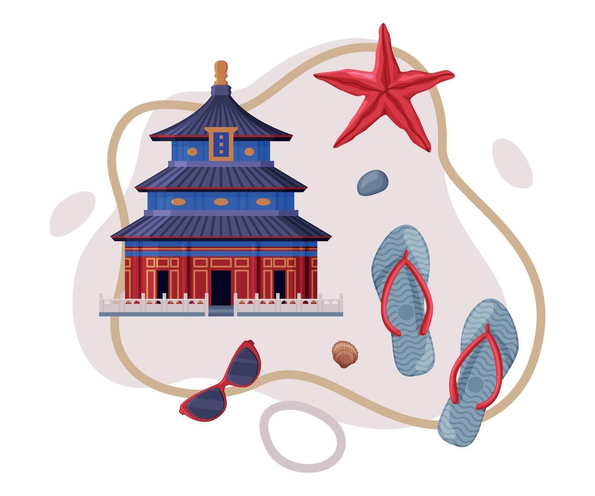 Travel and Tourism Attribute with China Temple as City Landmark Composition vector