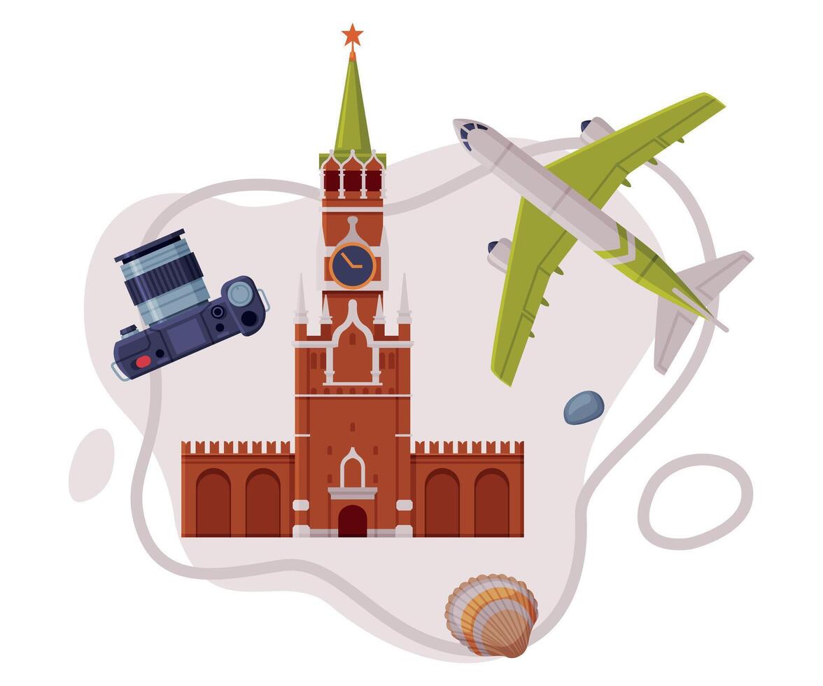Travel and Tourism Attribute with Kremlin Tower as City Landmark and Airplane Composition vector