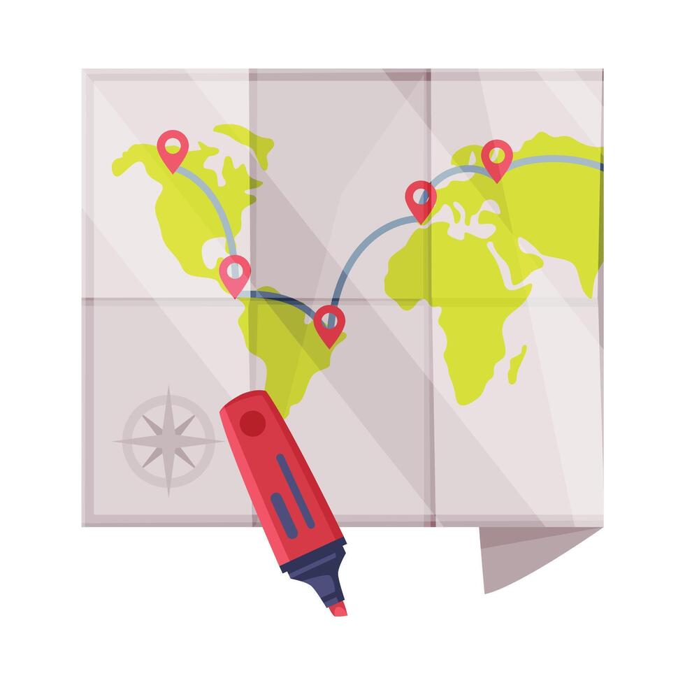 Paper Map with Highlighter and Destination Points as Travel and Tourism Symbol Illustration vector