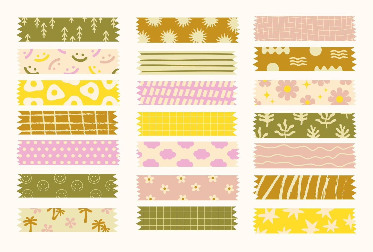 Decorative scotch tape collection. Washi tape stripes with cute patterns. vector