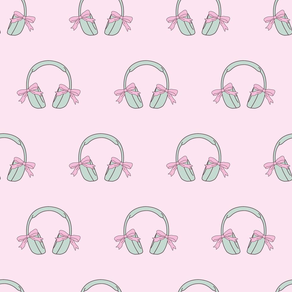 Coquette girlish headphones groovy seamless pattern vector