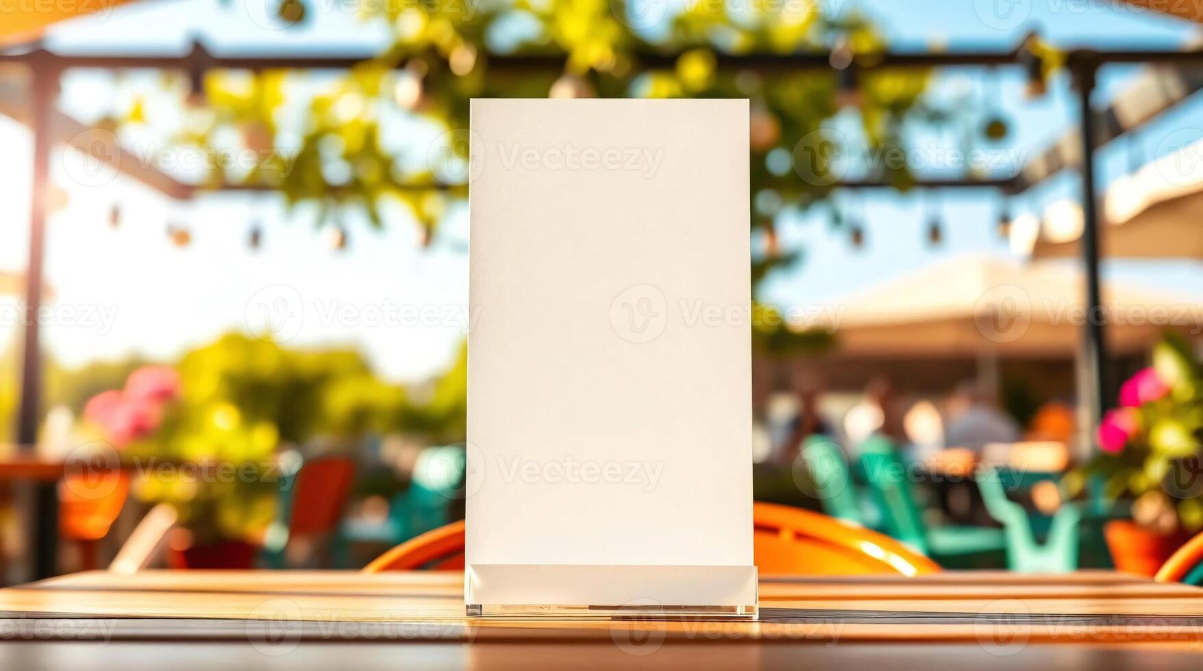 Blank white table with empty glass on outdoor patio photo