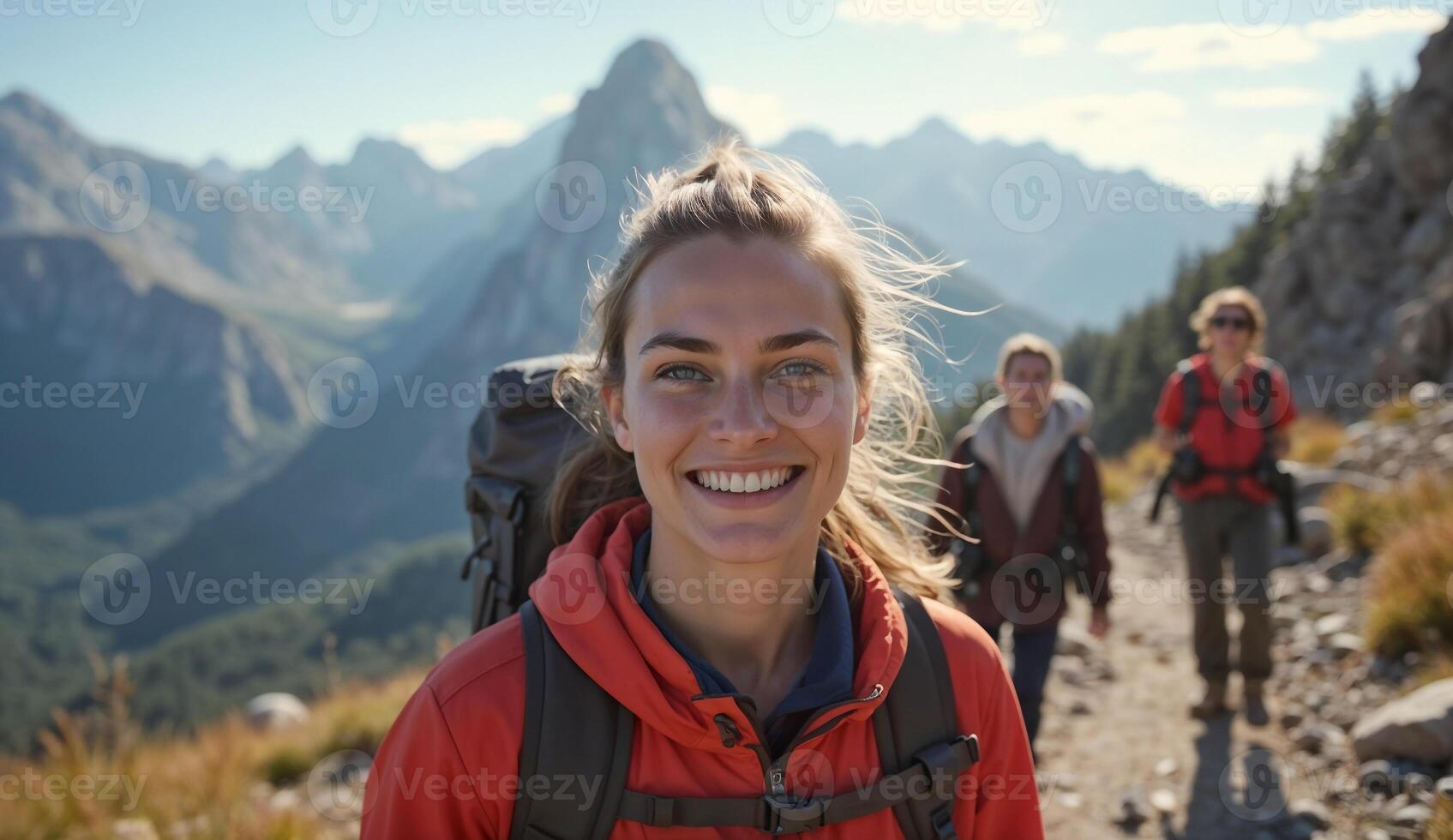 A woman with a backpack smiles as she walks on a trail photo