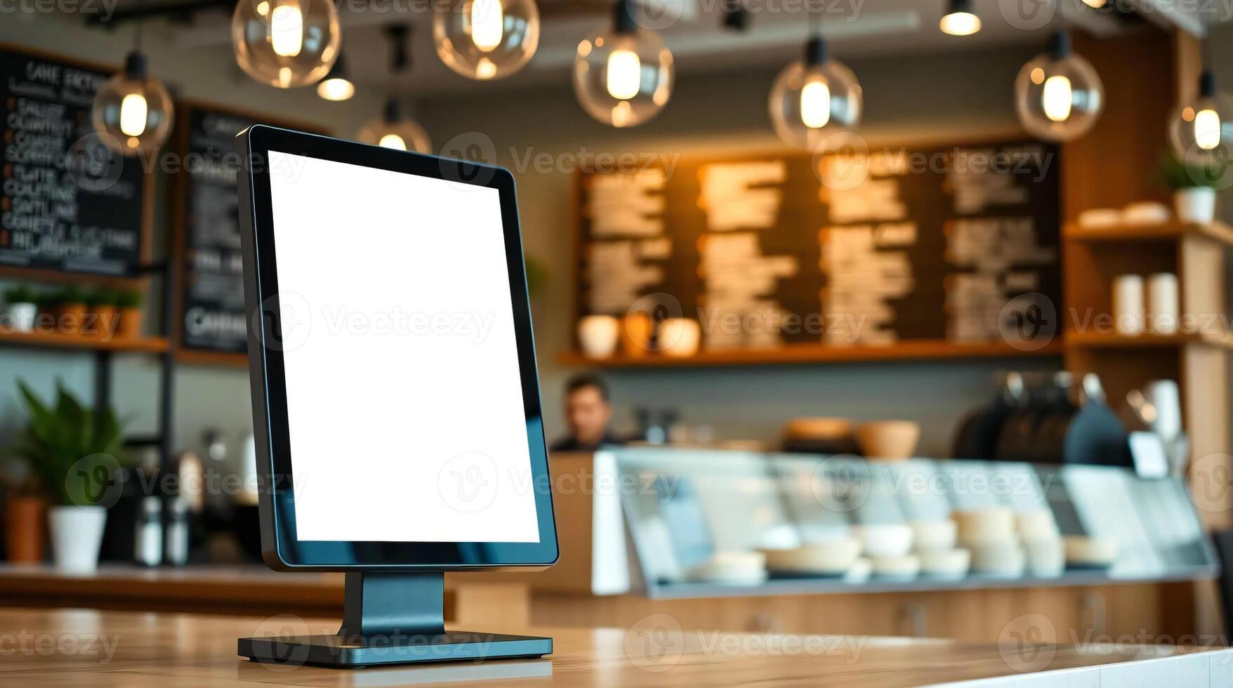 A blank screen on a table in front of a coffee shop photo