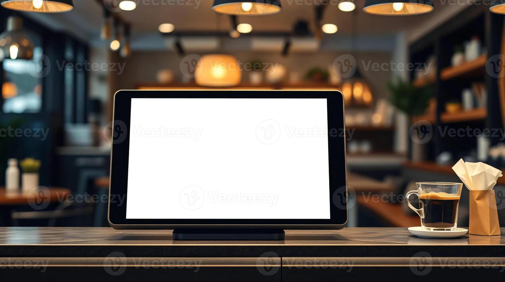 A tablet with a blank screen on a counter photo
