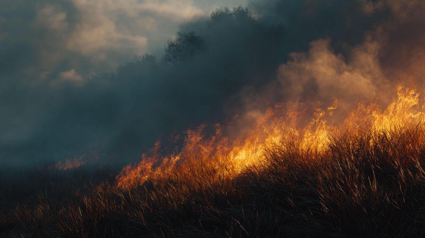Raging Forest Fire with Burning Grass and Smoke in Afternoon Sunlight photo