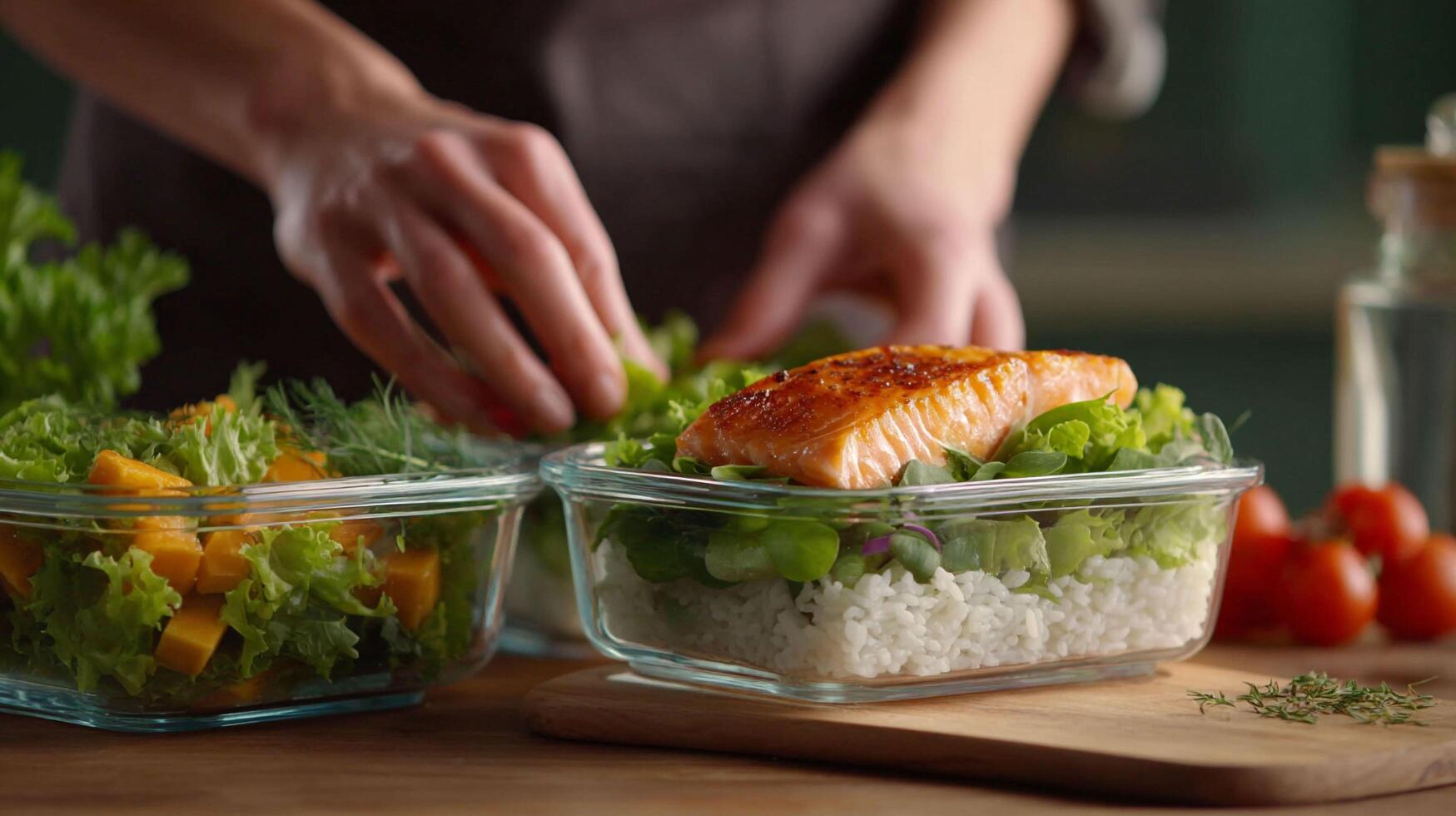 Woman Packing Salad and Salmon with Rice into Containers photo