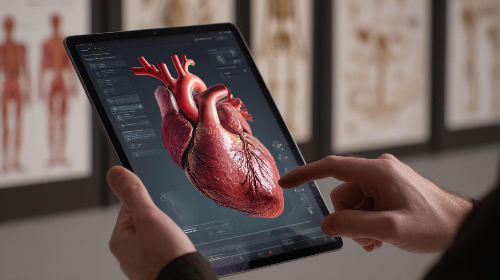 Student Using a Tablet to Review a 3D Model of the Human Heart photo
