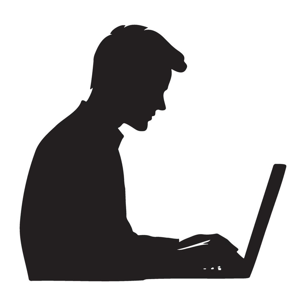 A boy typing on a laptop silhouette illustration vector