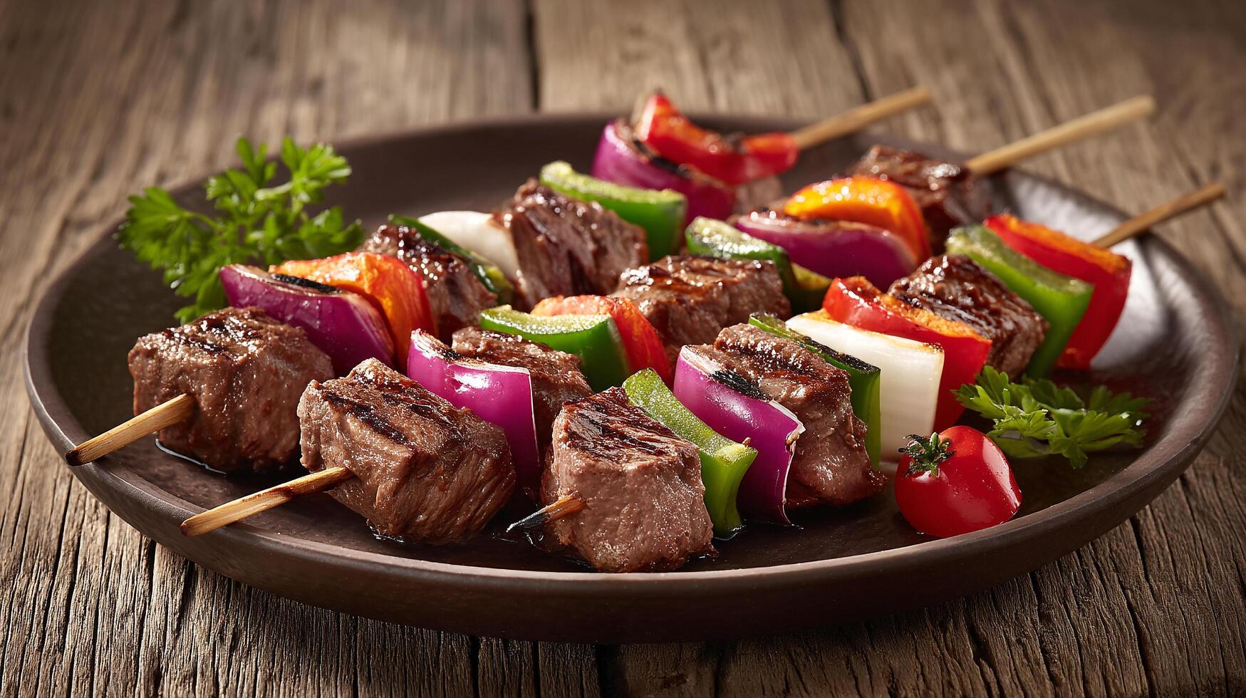 Grilled beef skewers with colorful vegetables photo