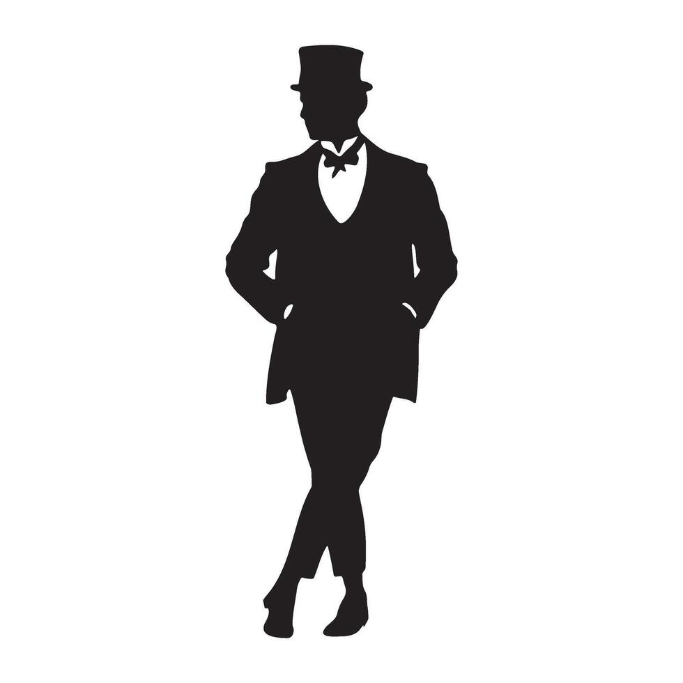 A man in a victorian attire standing pose silhouette illustration vector