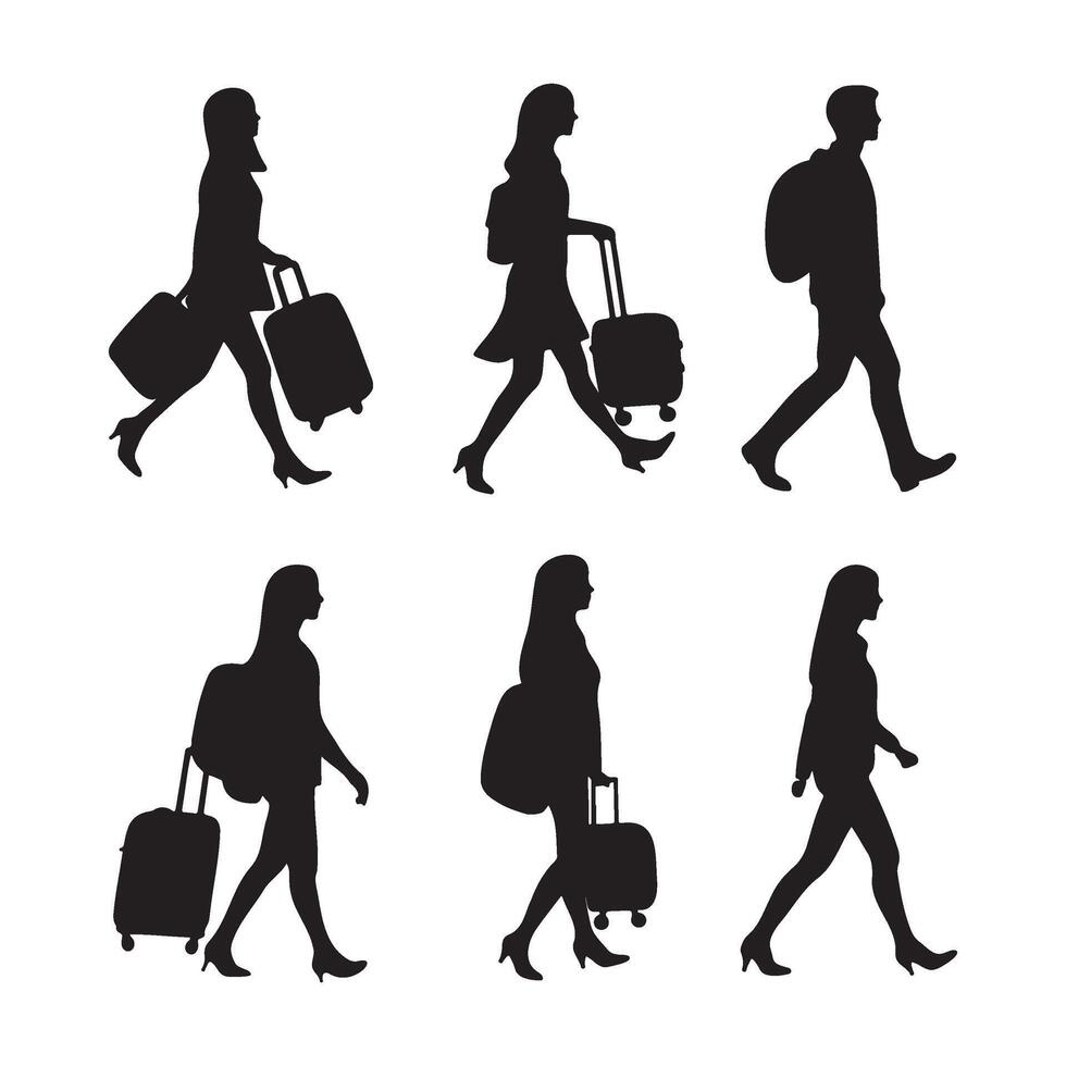 Travelers with suitcase walk pose silhouette illustration vector