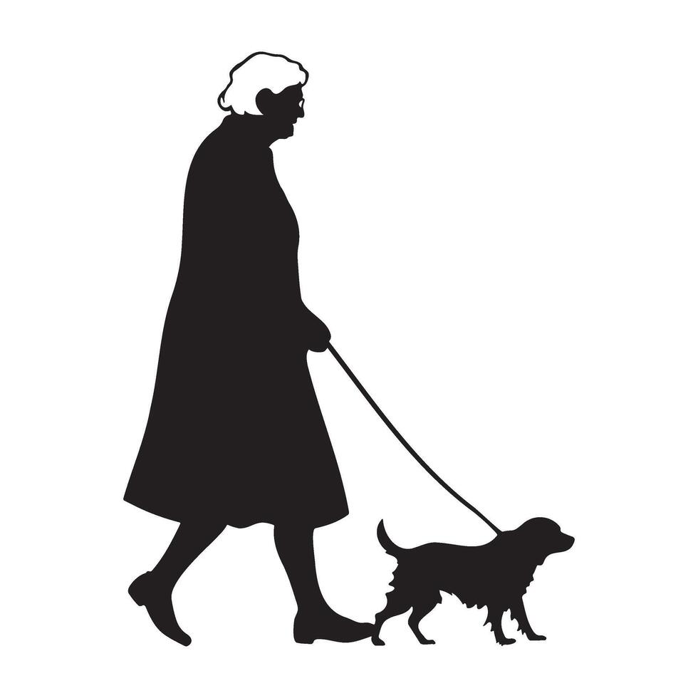 A granny walking with a dog silhouette illustration vector