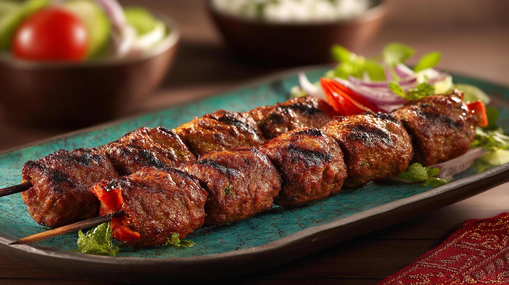 Grilled kebabs with fresh vegetables photo
