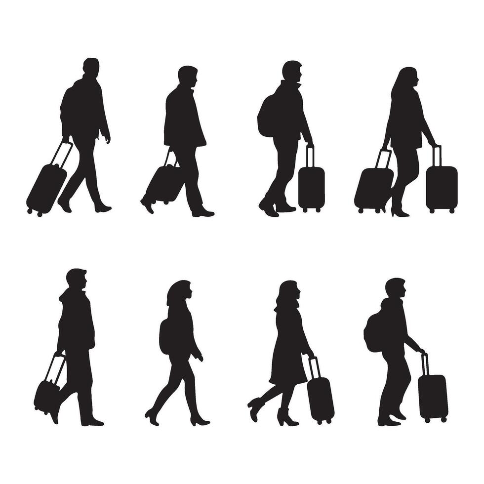 Collection of travelers with suitcase walk pose silhouette illustration vector