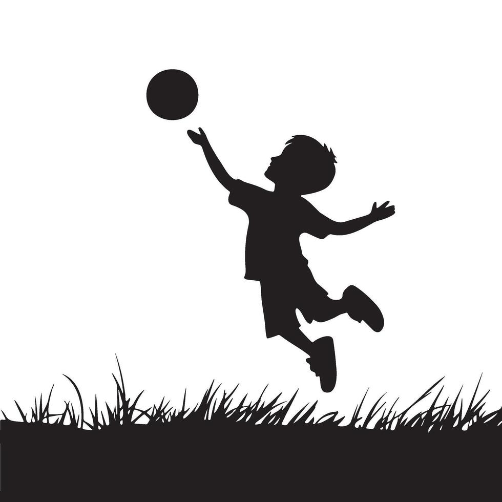 Kid playing with a ball on a grassy ground silhouette illustration vector
