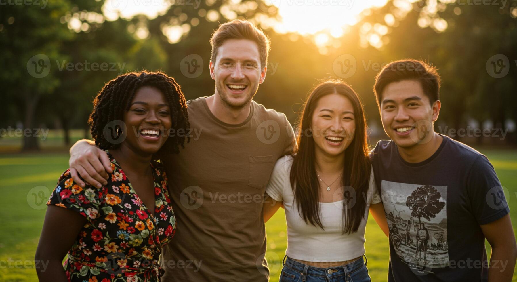 Group of diverse happy young friends smiling in park at sunset photo