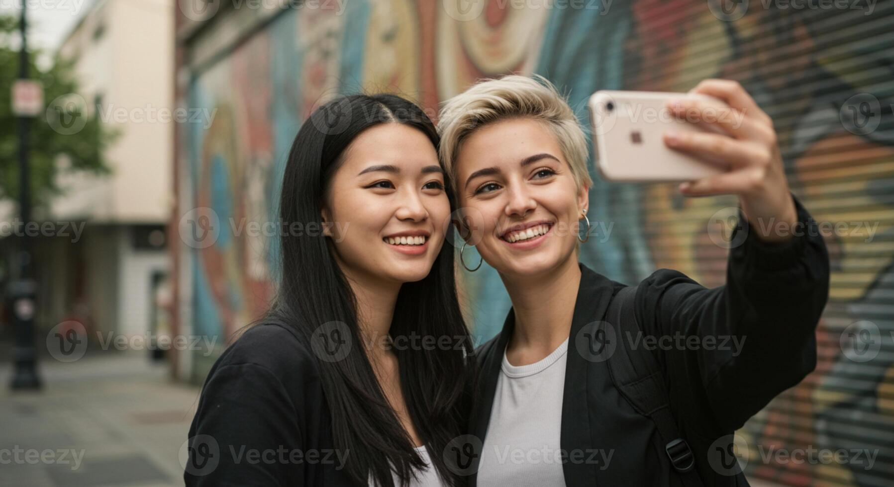 Happy diverse women friends taking a selfie on urban street with colorful graffiti wall photo