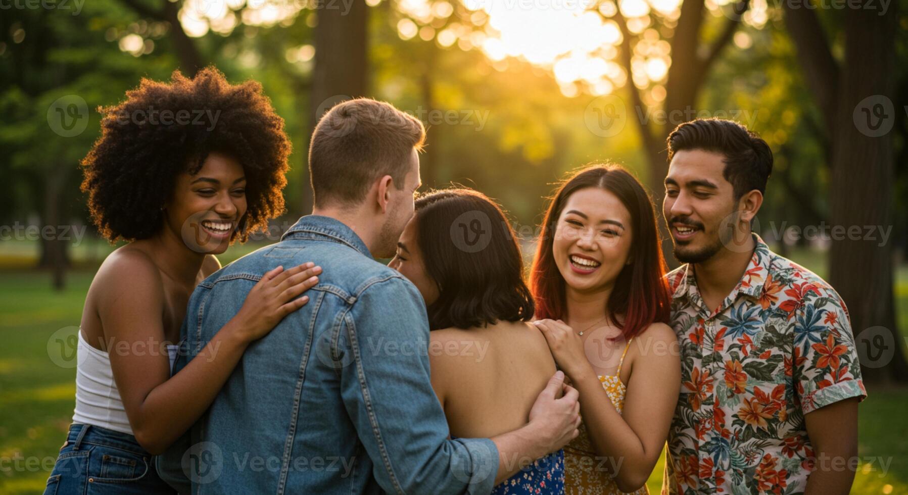 Happy diverse young friends group embracing outdoors at sunset photo
