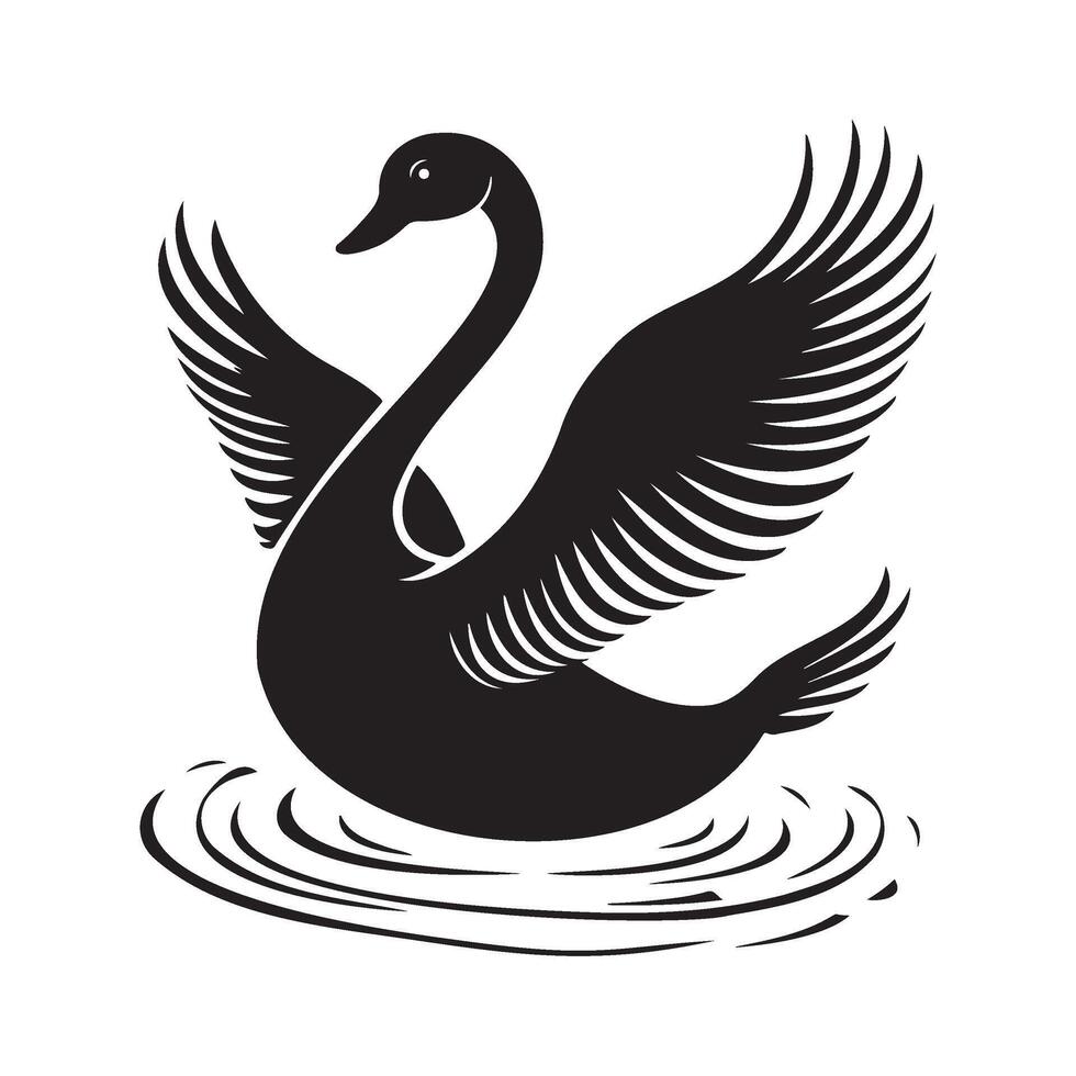 Swan with open wings in pond silhouette illustration vector