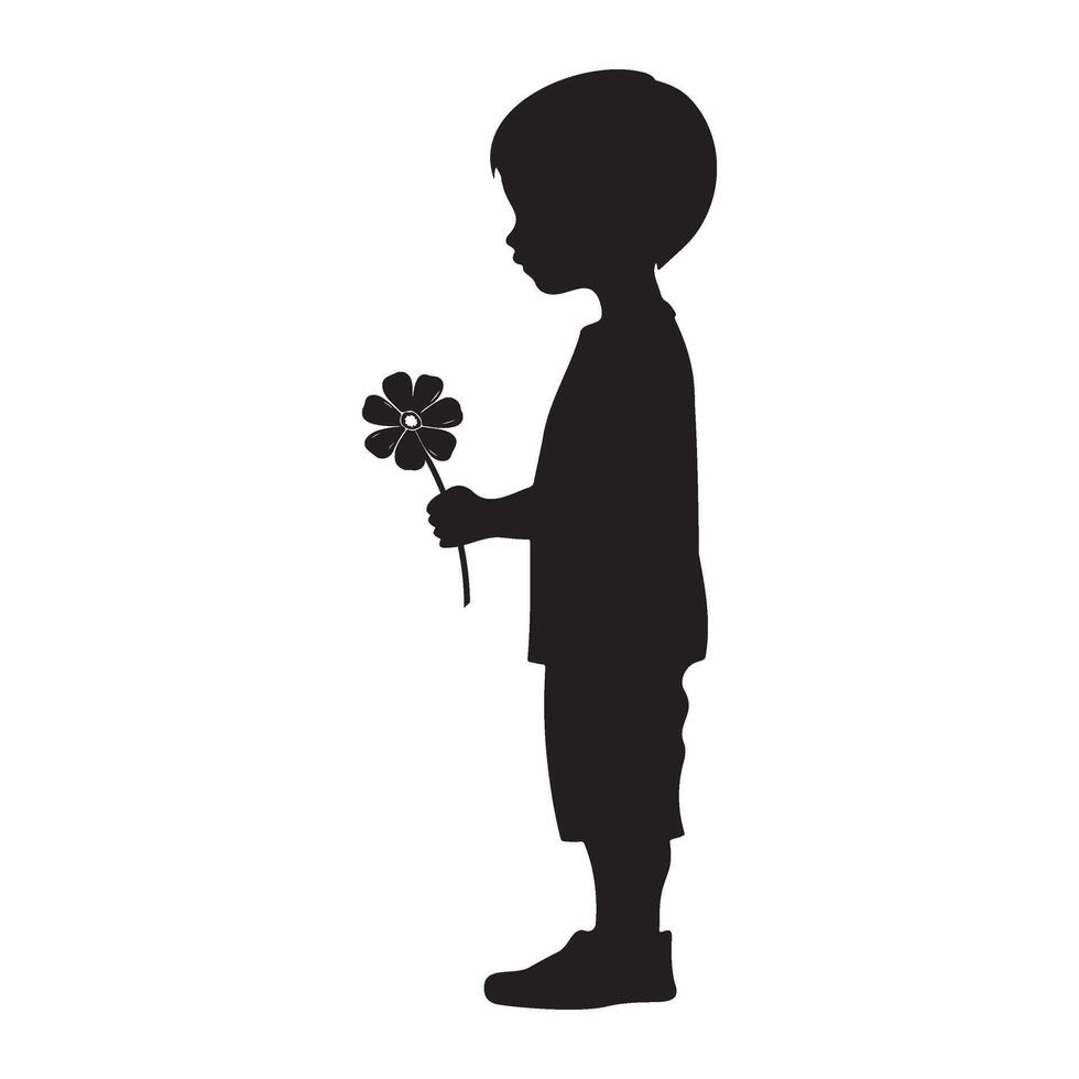 Kid with a flower side view pose silhouette illustration vector