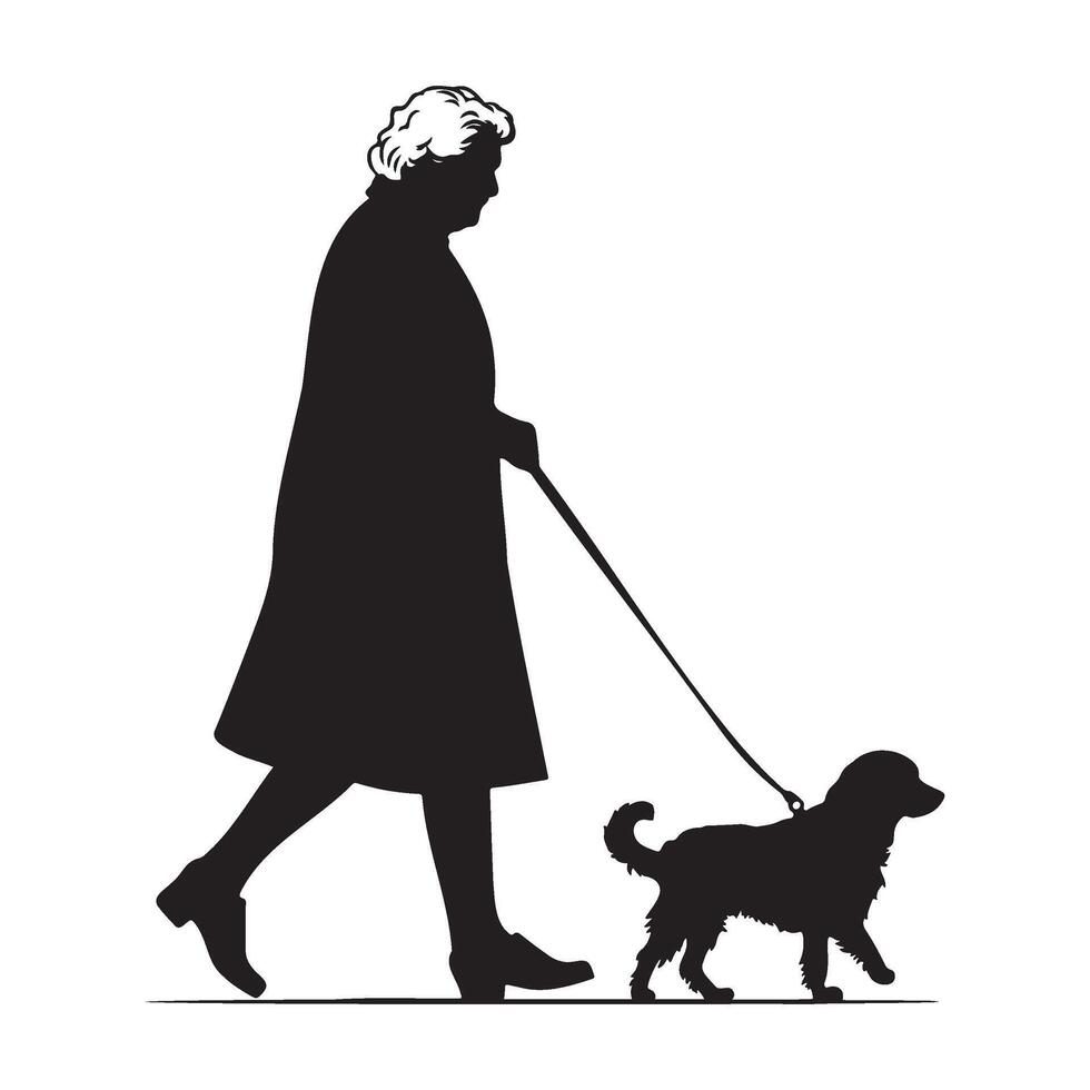 A grandma walking with a dog silhouette illustration vector