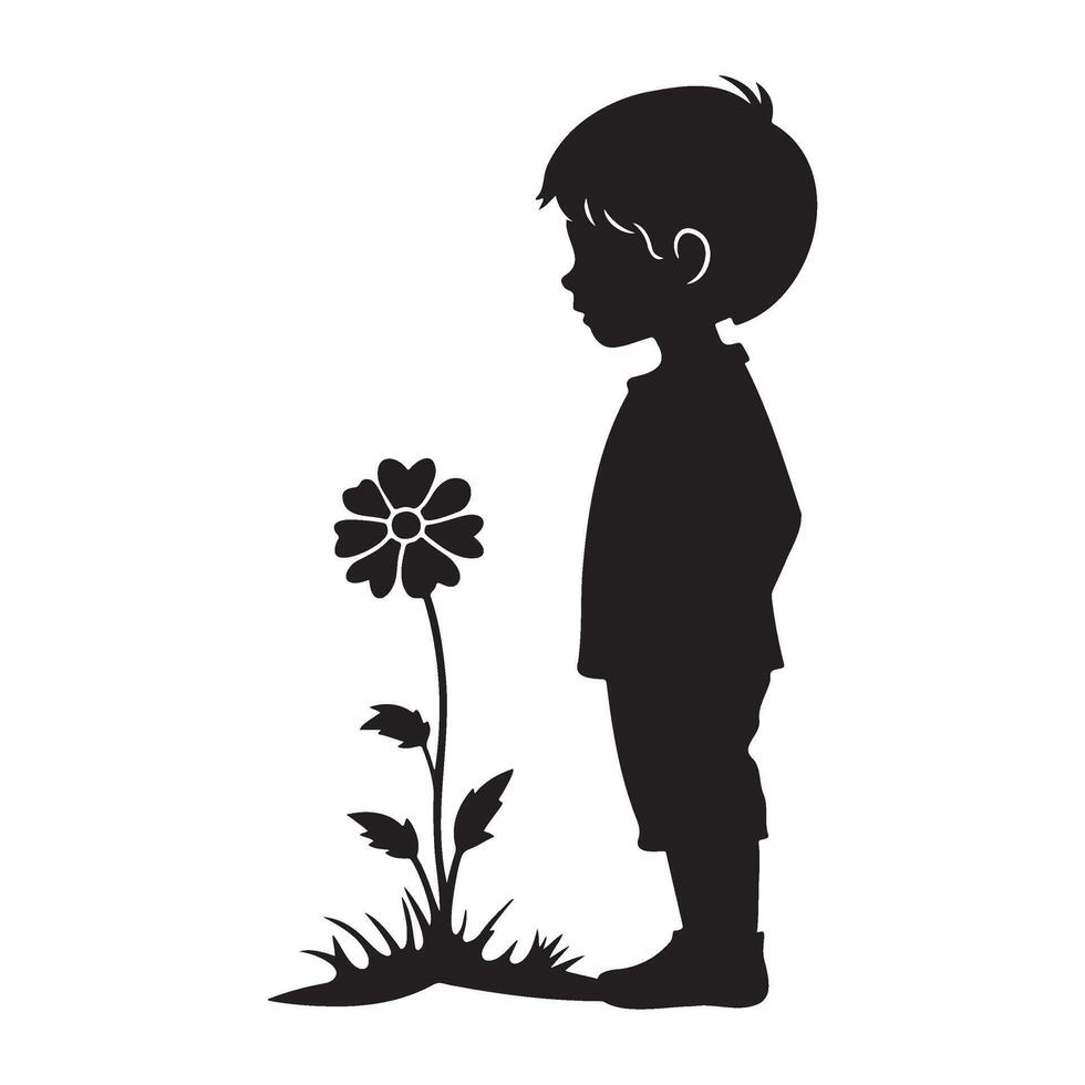 A kid standing near a flower silhouette illustration vector