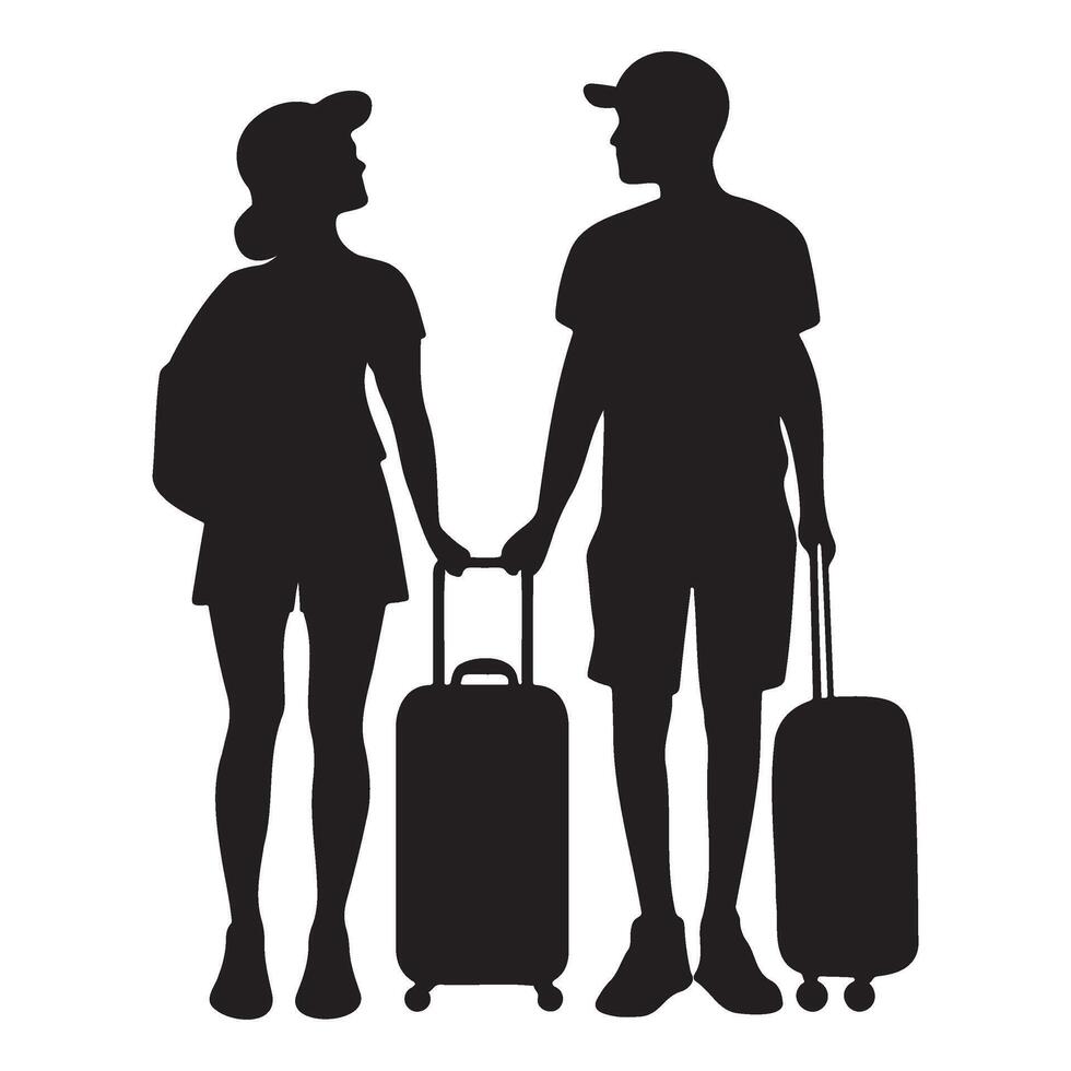 Husband and wife on vacation with luggage bag silhouette illustration vector