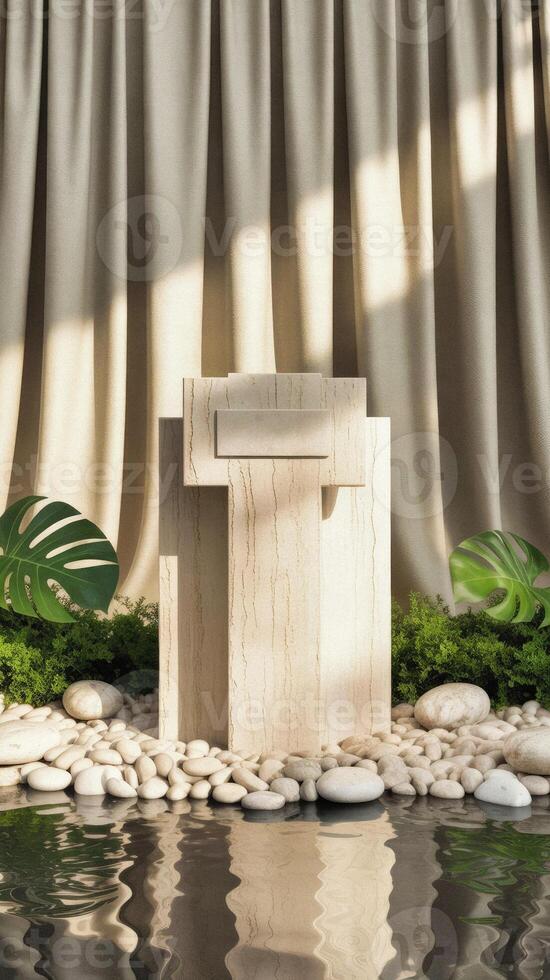 Elegant marble pedestal placed among natural pebbles, lush greenery, and water with soft curtain backdrop conveying botanical serenity. photo