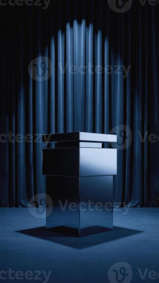 Minimalist podium displayed under spotlight with dramatic lighting and dark curtain background perfect for theatrical and luxury design. photo