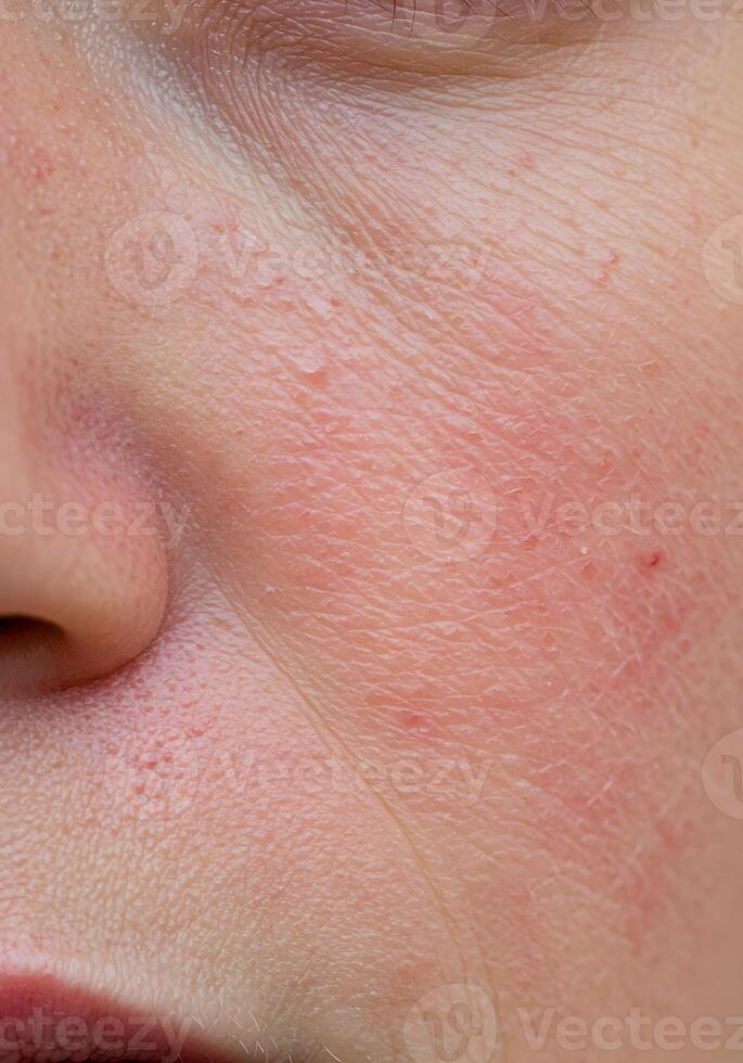 Close-up of facial redness skin and broken capillaries. Great for illustrating rosacea, sensitive skin, or irritation concerns photo