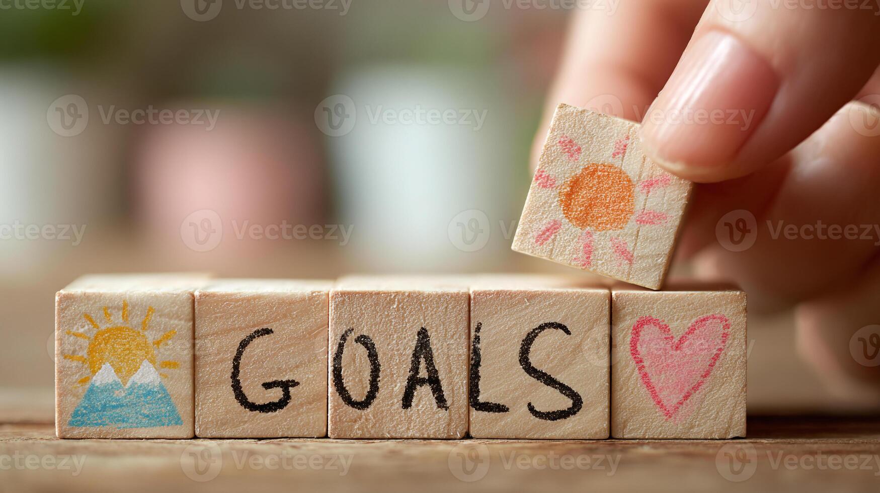Wooden Cubes with Word Goals and Icons Close-Up photo