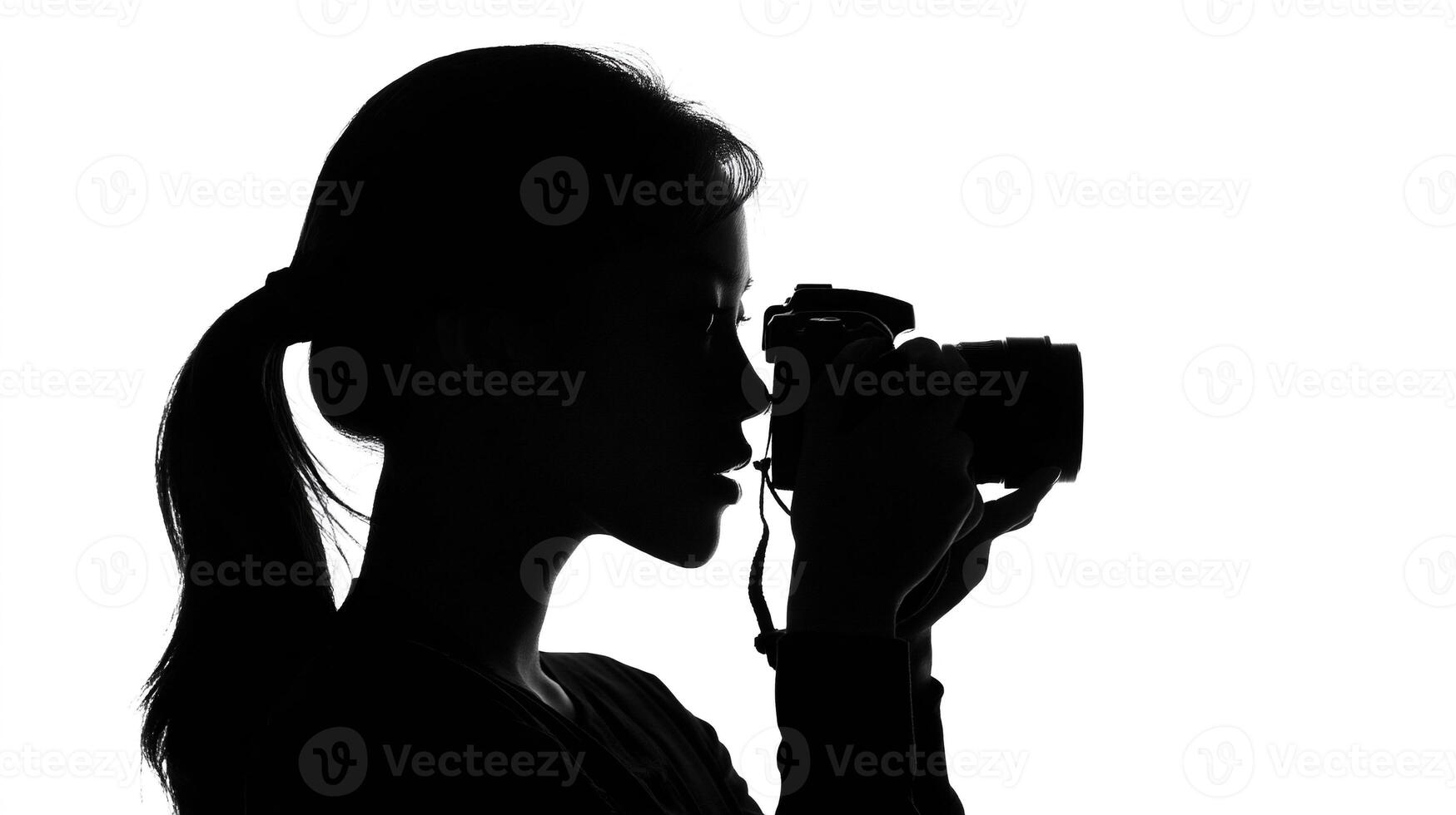 A silhouette of a woman holding a camera photo