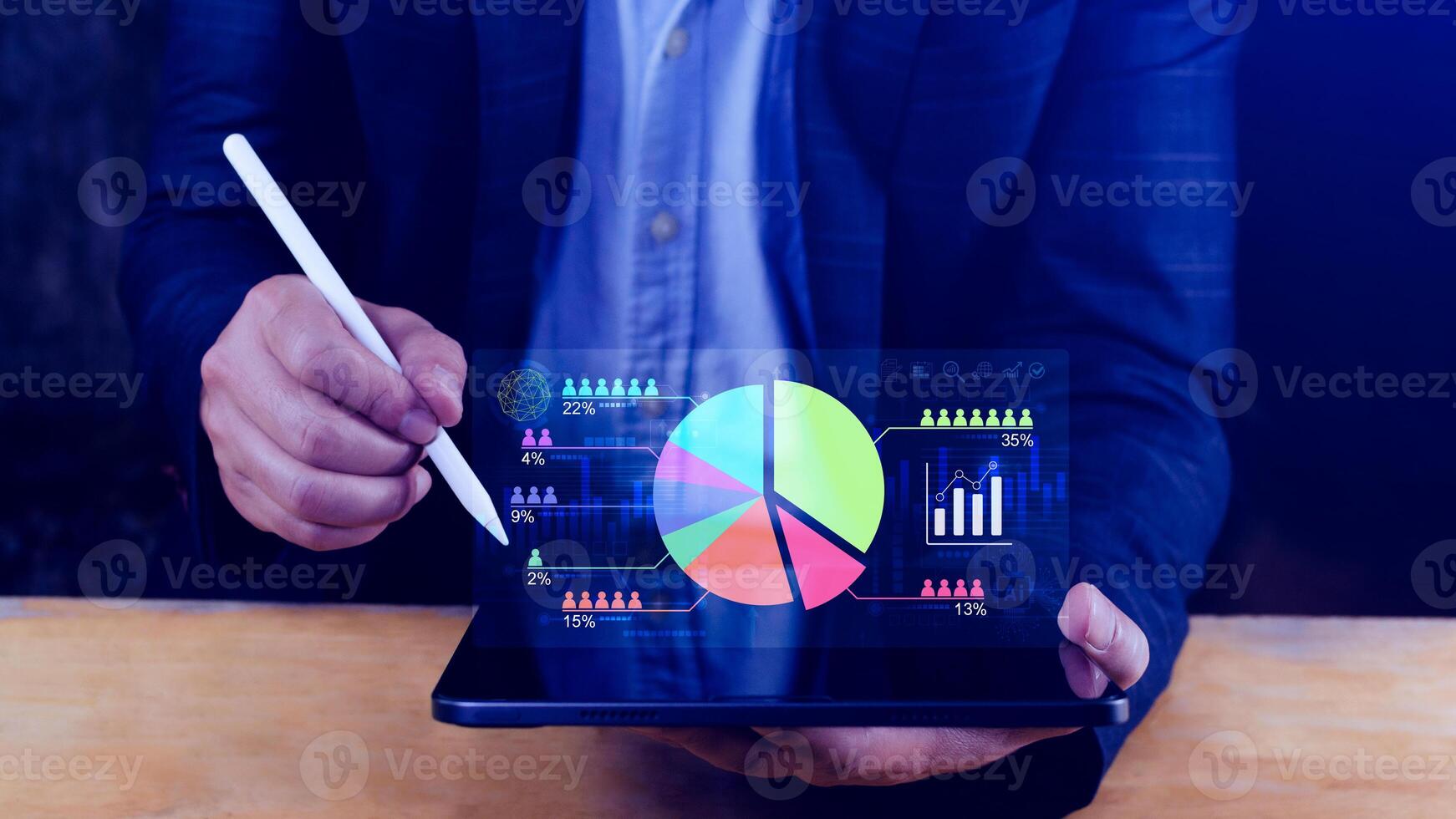 Market research and marketing analysis with Ai technology. customer surveys and statistics. analysts touch on pie charts and graphs, financial growth graph chart report, Business planning photo