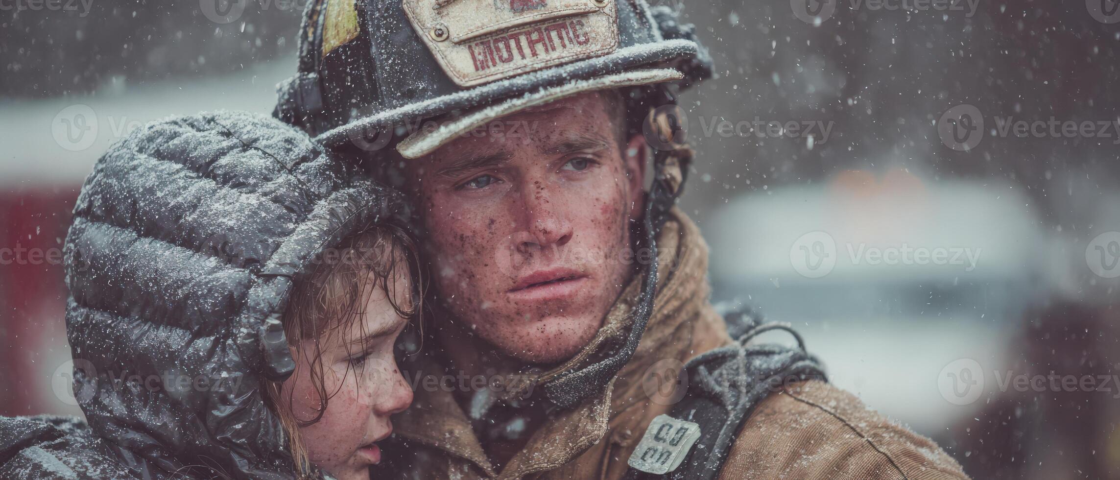 Heroic Caucasian firefighter rescuing young girl in heavy snowfall Brave fireman saving child during winter storm Concept of bravery, rescue, and community service photo