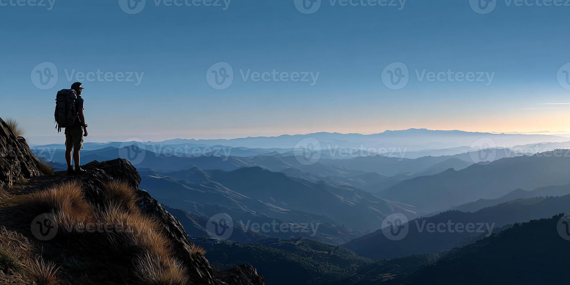 Silhouette of adult man with backpack enjoying mountain view at sunrise Concept of adventure, travel, freedom, and exploration in nature photo