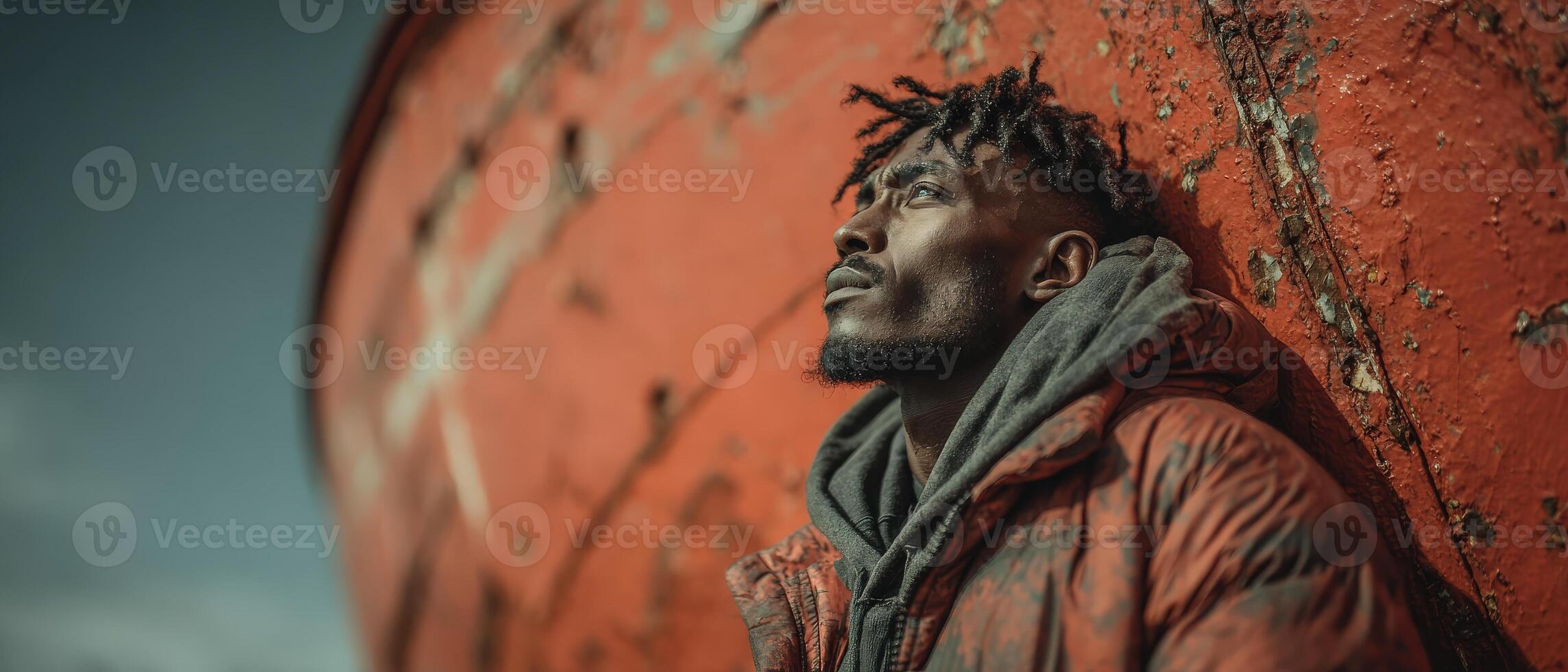 Thoughtful African American man with dreadlocks looking up outdoors against a weathered red wall Concept of contemplation, urban life, and resilience photo