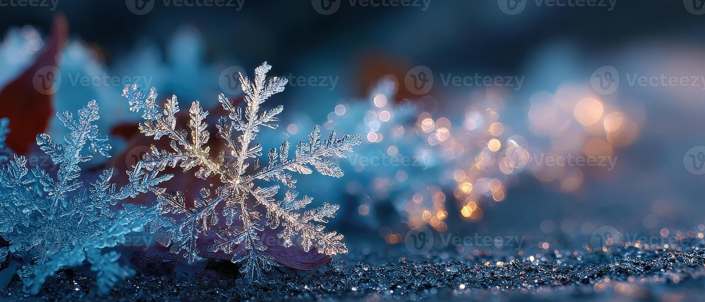 Macro shot of delicate snowflake with intricate details on a sparkling surface, illuminated by soft bokeh lights Concept of winter, Christmas, and natural beauty photo