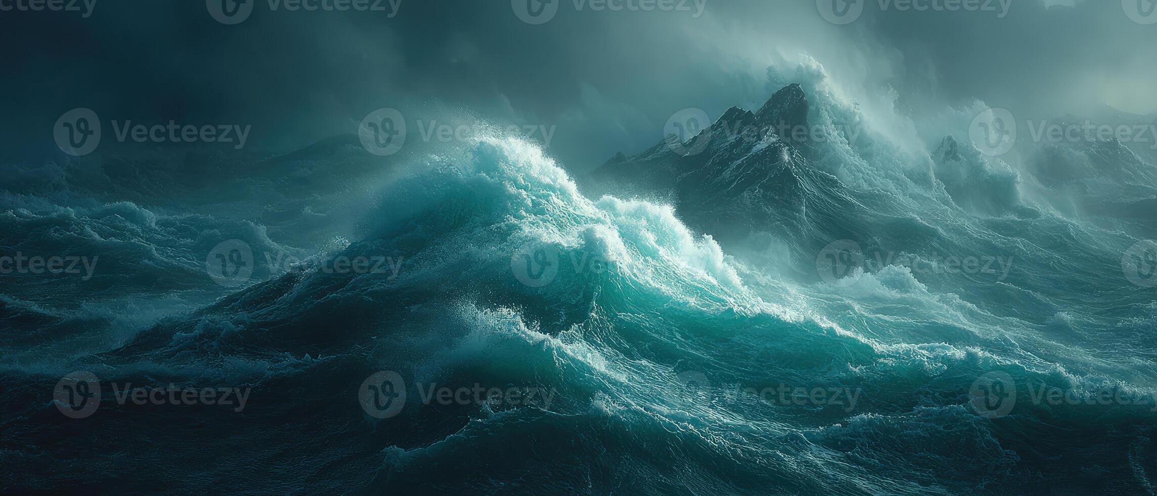 Dramatic seascape with crashing waves and distant mountains under stormy sky Powerful ocean waves creating sea spray and foam Concept of nature, power, and adventure photo