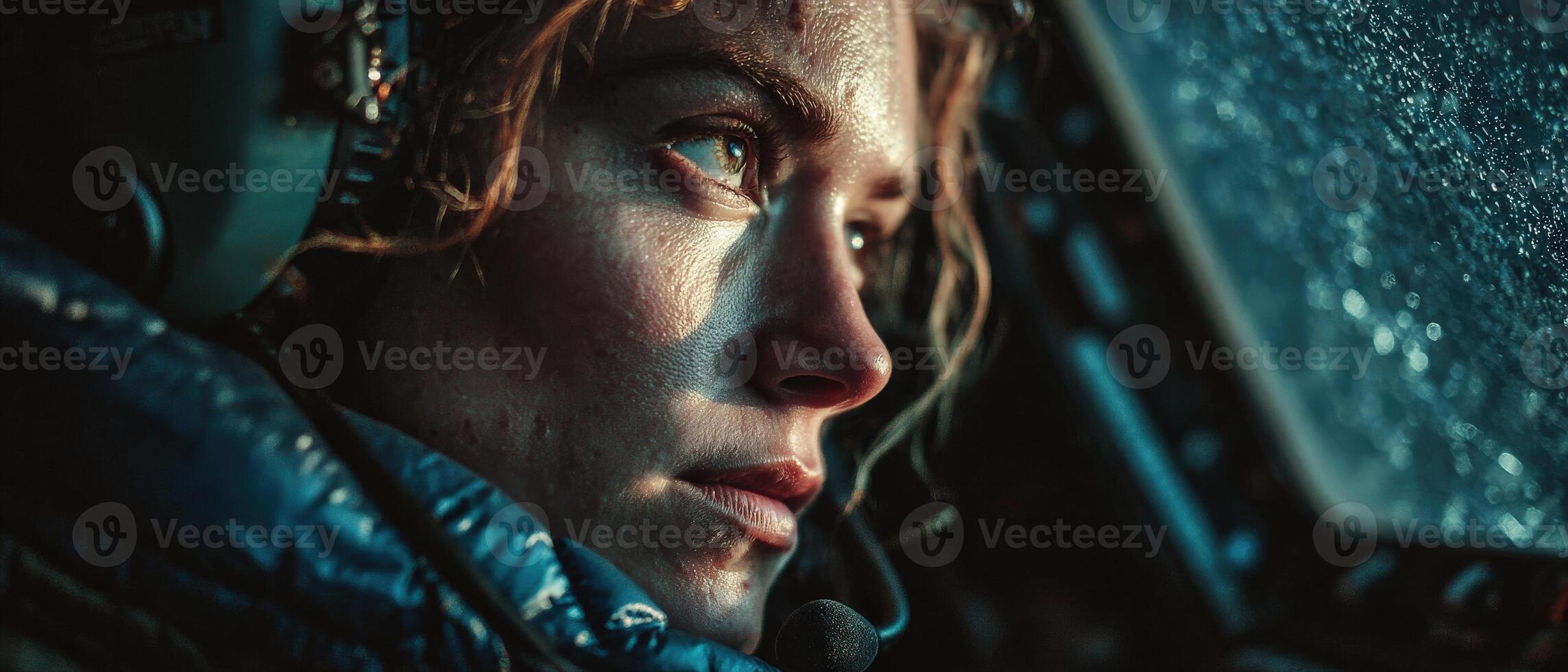 Focused Caucasian woman pilot in cockpit during rainy weather Female aviator wearing headset inside airplane cabin Concept of determination, aviation, and challenging conditions photo