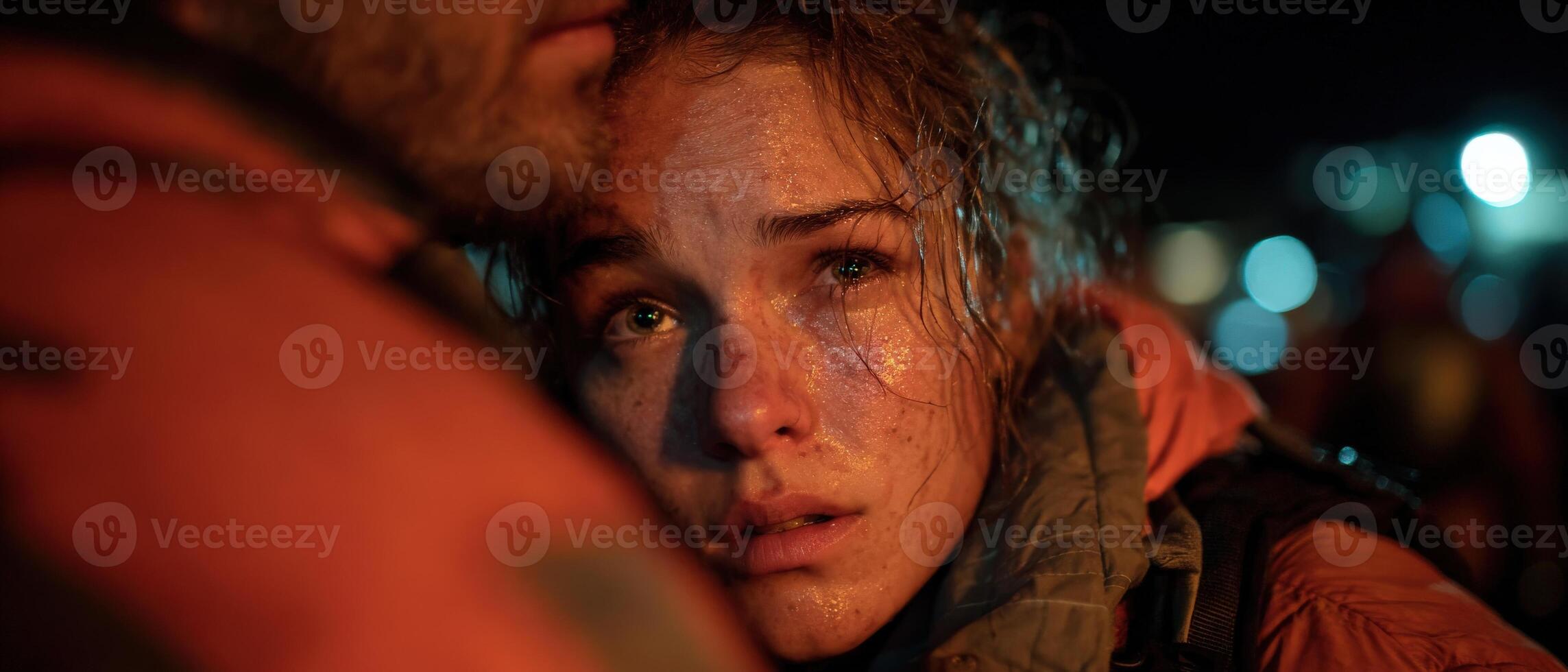 Distressed Caucasian woman with tearful eyes being comforted outdoors at night Concept of emotional support, empathy, and crisis photo