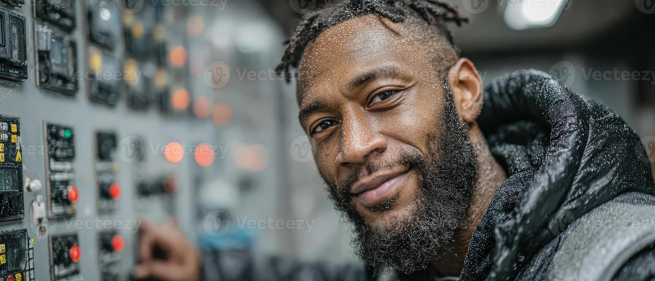 African American man, engineer, smiling near control panel in industrial setting Confident worker operating machinery, showcasing expertise and technology in manufacturing photo