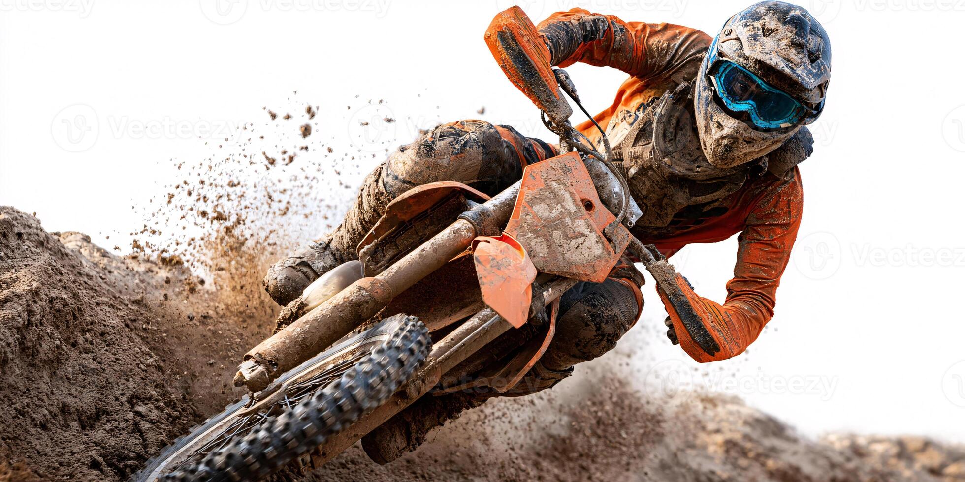 Man riding motocross bike with dirt splashing during outdoor race Concept of extreme sport, action, speed, and competition photo