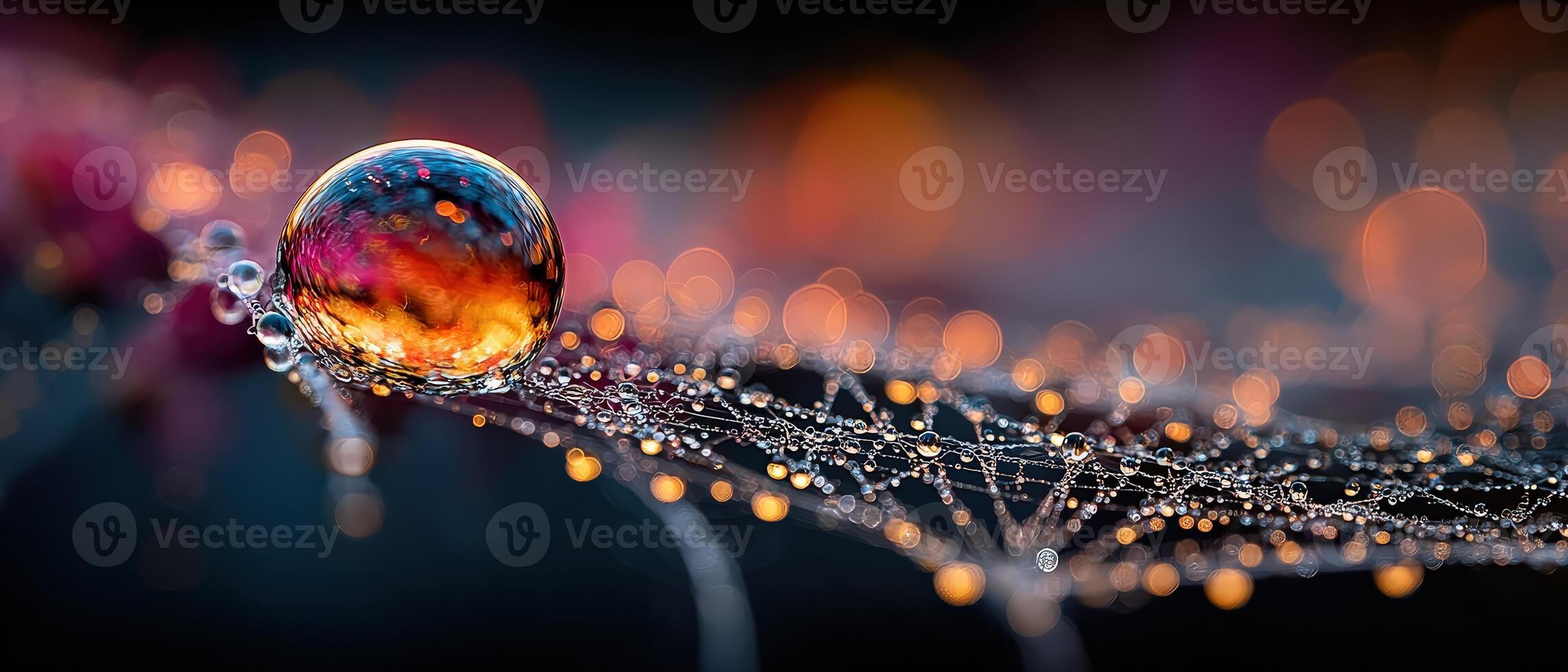Captivating dew drops on spiderweb reflecting colorful bokeh lights in the morning Macro shot of water droplets creating abstract art and natures beauty photo