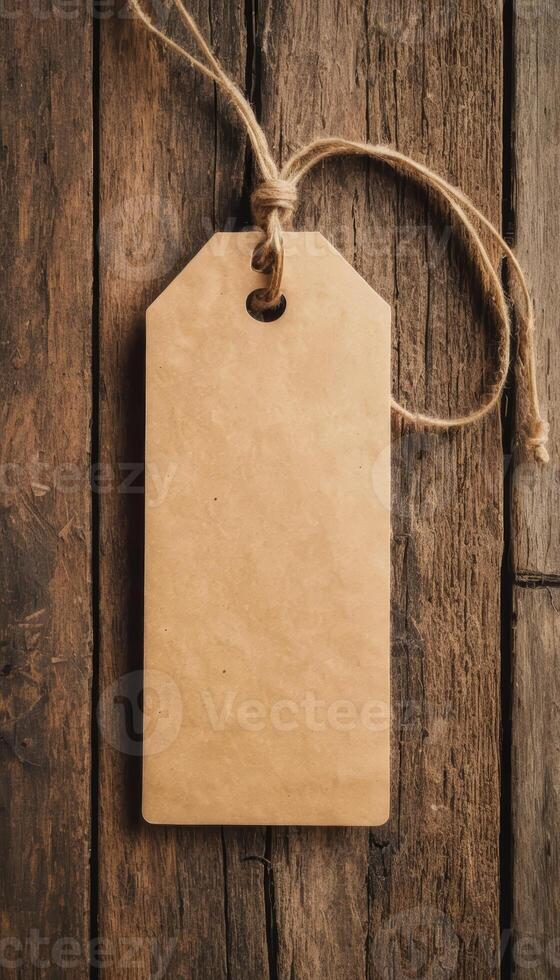A blank kraft paper tag hanging from a string on a rustic wooden background. Ideal for labeling or crafting purposes. photo